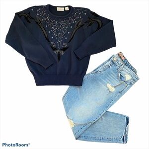 COSCOB Vintage Navy Blue Beaded Sequin Velour Sweater Size M